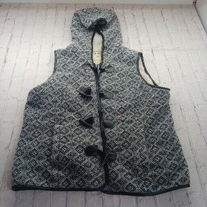 Ruff Hewn Womens LG Hood Faux Sherpa Zip Vest Top Sleeveless Black Gray EUC